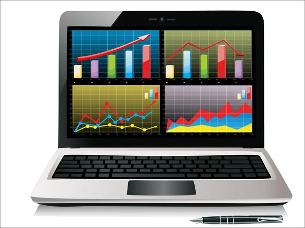 Laptop showing a spreadsheet with some charts — Stock Vector