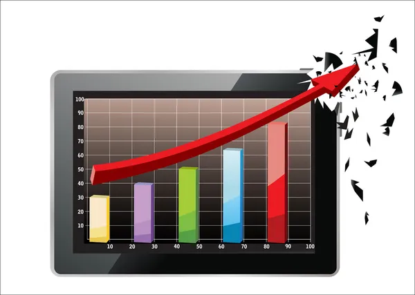 Tablet realista PC ordenador beneficio concepto, flecha roja y gráfico de crecimiento del negocio aislado sobre un fondo blanco — Archivo Imágenes Vectoriales