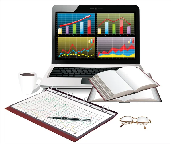 Ordenador portátil con gráficos de negocios y hojas de grupo con contabilidad — Vector de stock
