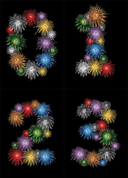 Números (0, 1, 2, 3) hechos de colores en forma de números de fuegos artificiales - revise mi cartera de otros números — Archivo Imágenes Vectoriales