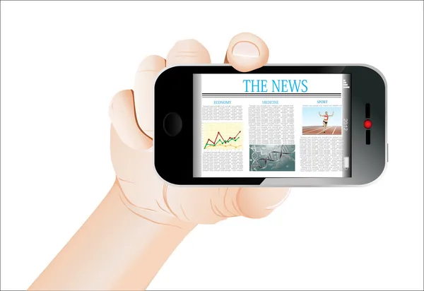 Рука держит мобильный смартфон с новостной статьей на экране. Изолированные на белом . — стоковый вектор