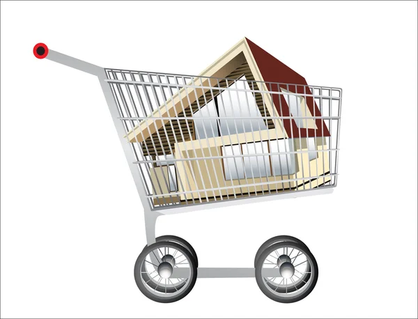 Nákupní vozík a dům na bílém pozadí — Stockový vektor