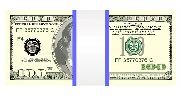 一百美元钞票，孤立在白色的堆栈. — 图库矢量图片