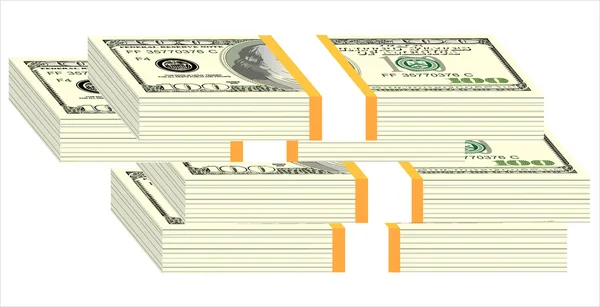 Pile de billets de cent dollars, isolé sur blanc . — Image vectorielle