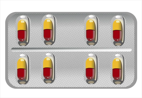 Kapslar förpackade i blister, isolerad på vit — Stock vektor