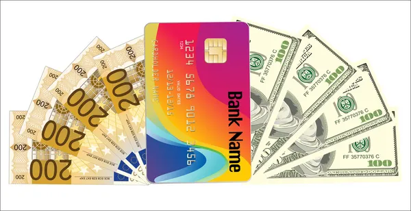 Banconote e carte di credito isolate su carta bianca — Vettoriale Stock