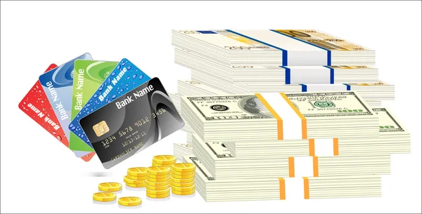 Банкноти та кредитні картки ізольовані на білому — стоковий вектор