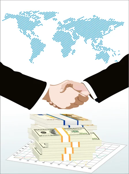 World map, money end graph over it handshake — Stock Vector