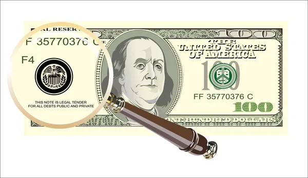 Einen Dollar vergrößert, um einen 100-Dollar-Schein zu finden — Stockvektor