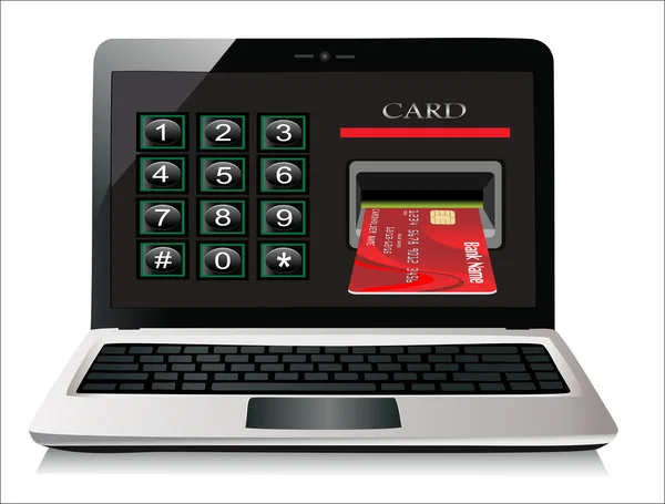 E-ticaret. laptop ve kredi kartı beyaz izole arka planda. — Stok Vektör