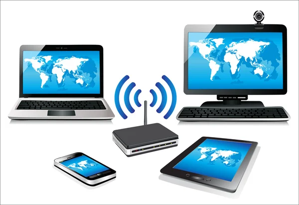 Huis wifi-netwerk. Internet via router op pc, telefoon, laptop en tablet pc. — Stockvector