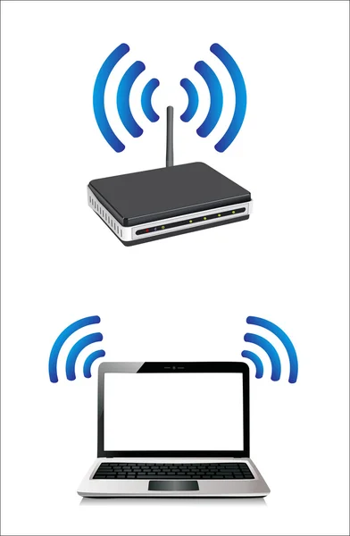 Portátil conectado a un router inalámbrico — Vector de stock