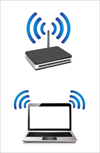 Laptop aangesloten op een draadloze router — Stockvector