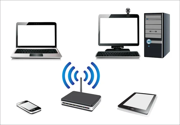 Hem wifi-nätverk. Internet via router på pc, telefon, laptop och tablet pc. — Stock vektor