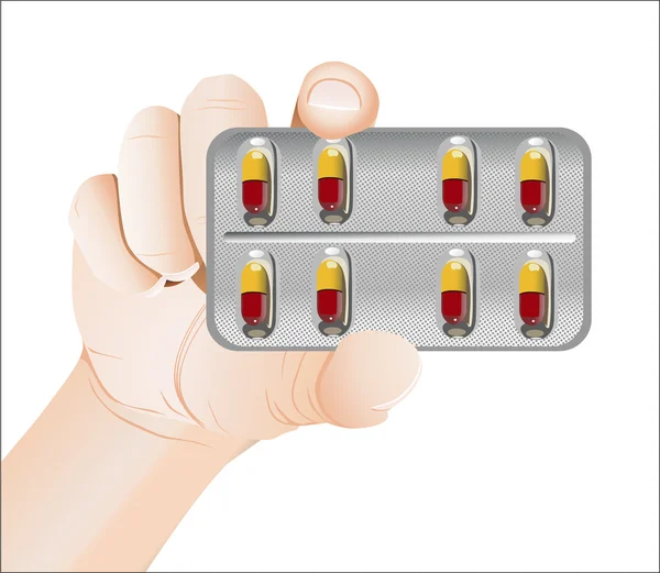 Pilule à la main sur fond blanc — Image vectorielle