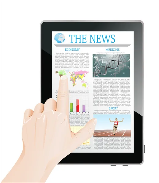 男子的手触摸屏与商业新闻的 tablet pc 上。在白色隔离. — 图库矢量图片