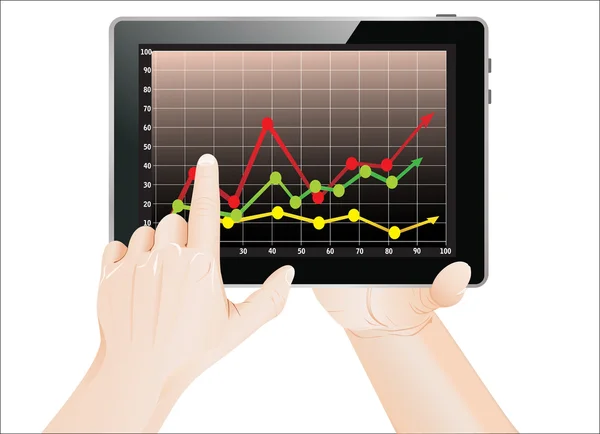 Tablet screen with graph and a hands. — Stock Vector