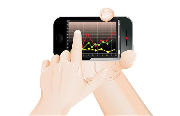 成功成長チャート画面上で現代のモバイル スマート フォンを持っている手。白で隔離されます。. — ストックベクタ
