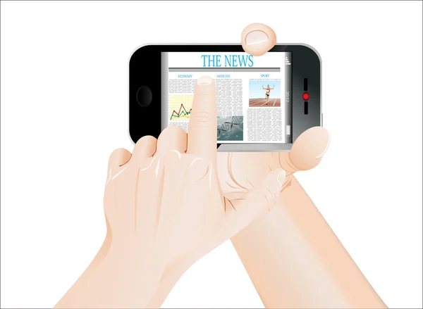Muži ruku dotyková obrazovka smartphone s obchodních zpráv. izolované na bílém. — Stockový vektor