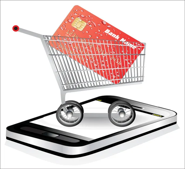 Smartphone mit Warenkorb und Kreditkarte auf weißem Hintergrund. — Stockvektor