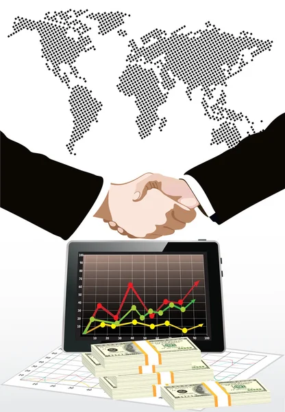 World map,dollars bills and tablet pc computer over it handshake — Stock Vector