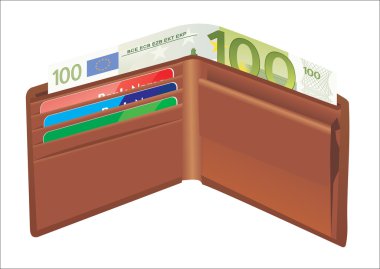 deri cüzdan, para ve banka kartları ile içinde.