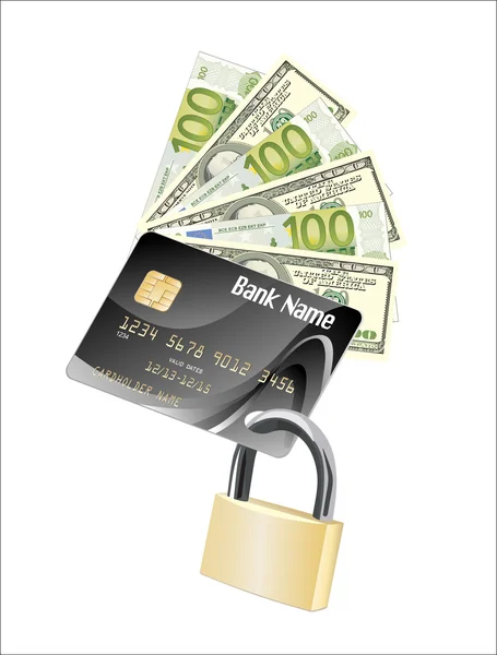 Dinheiro cartão de crédito e cadeado. Conceito de um pagamento seguro —  Vetores de Stock