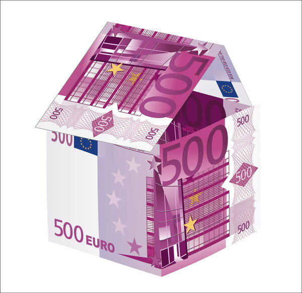 House made from euro bills isolated on white background