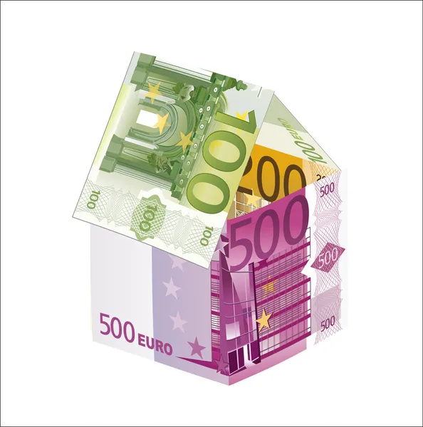 Casa hecha de billetes de euro aislados sobre fondo blanco — Vector de stock