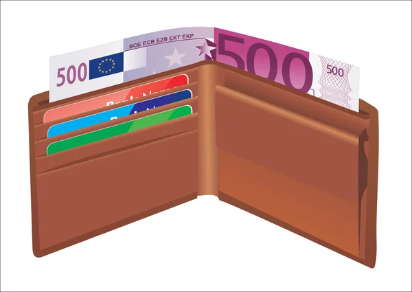 Lederen portefeuille, inside, met bankkaarten en geld. — Stockvector