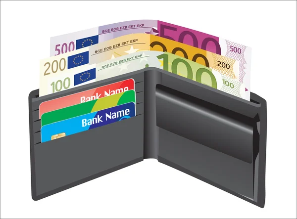 Lederen portefeuille, inside, met bankkaarten en geld. — Stockvector