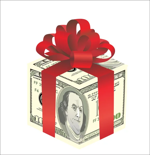 Gift box made of dollars on white — Stock Vector