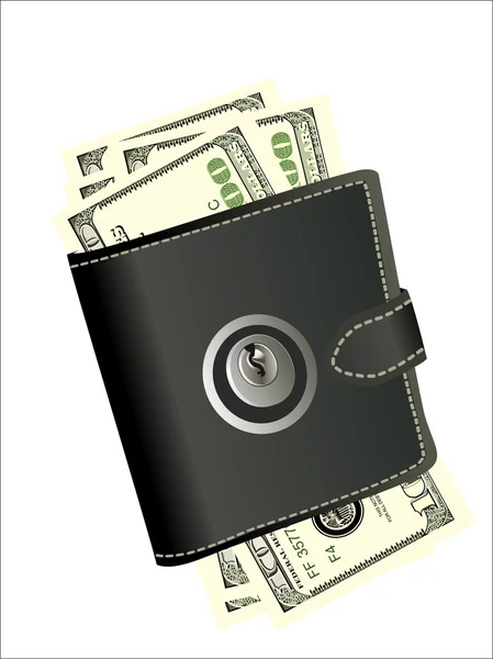 Portemonnaie mit Vorhängeschloss - symbolisch für Sicherheitsvorkehrungen beim Geldausgeben oder Taschendiebstahl. — Stockvektor