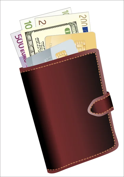 Carteras de cuero con dinero y tarjetas de crédito — Vector de stock