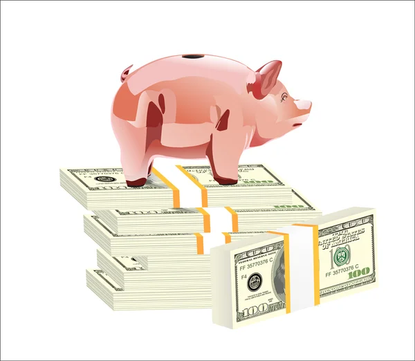 Money and piggy bank isolated on white background. — Stock Vector