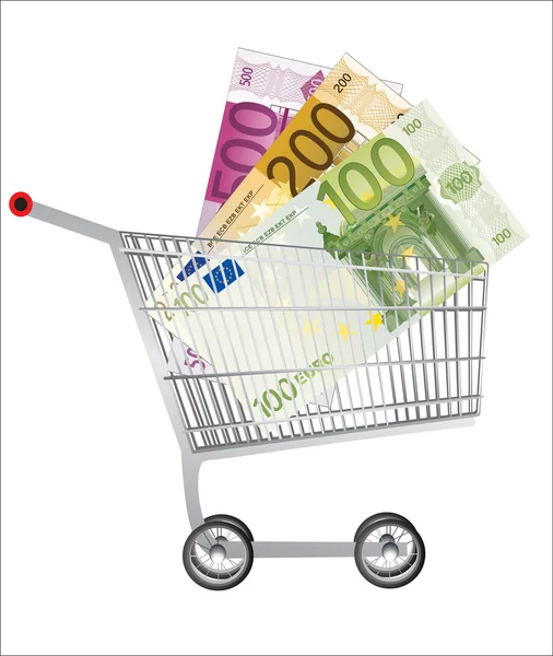 Concepto - carrito de la compra (carrito de la compra) con billete europeo . — Vector de stock