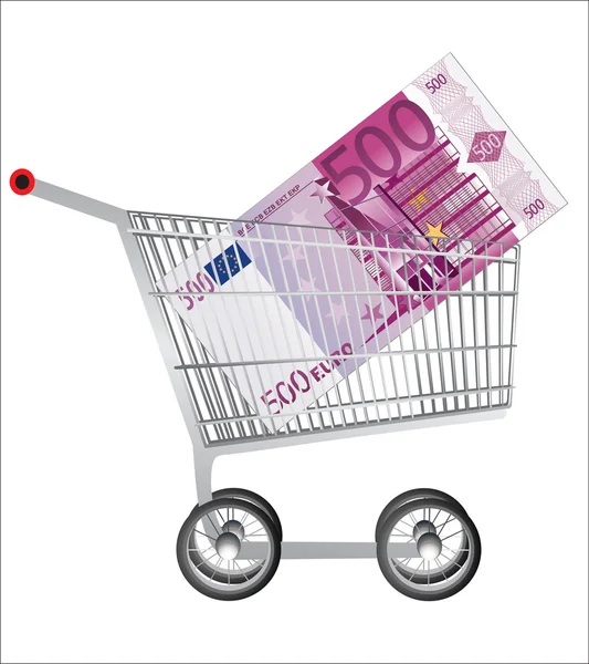 Konzept - Warenkorb (Einkaufswagen) mit europäischer Banknote. — Stockvektor