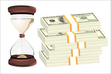 vakit nakittir. Beyaz arka plan üzerinde izole yüz dolarlık banknot üzerinde kum saati.