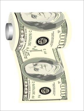 A toilet paper roll of hundred dollar bills on a dispenser, symbolizing the careless spending of money clipart