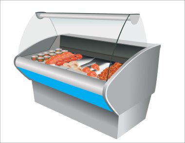 güzel taze balık karides ve buzdolabında bir dükkanda havyar