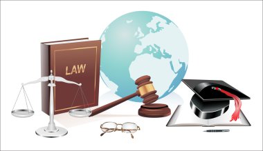 Uluslararası Dünya, adalet, tokmak ve kitap illüstrasyon tasarımı beyaz bir arka plan üzerinde ölçekler