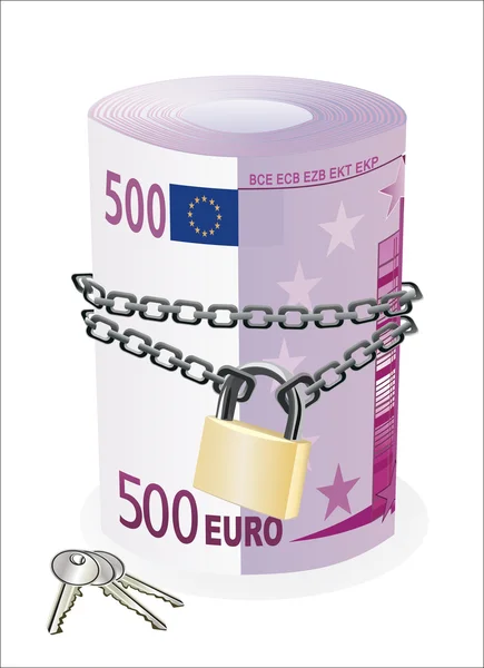 Rolo de 500 euros acorrentado e trancado isolado sobre branco —  Vetores de Stock