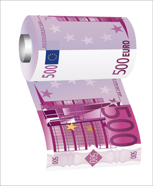 A toilet paper roll of 500 euro banknotes, symbolizing the careless spending of money.