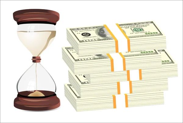 Tijd is geld. zandloper op honderd-dollarbiljetten geïsoleerd op witte achtergrond. — Stockvector