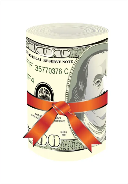 Een roll van dollar in een rood lint met een geschenk boog. — Stockvector