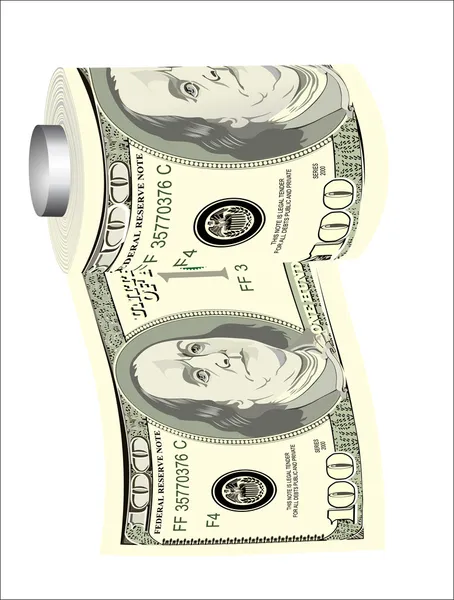 A toilet paper roll of hundred dollar bills on a dispenser, symbolizing the careless spending of money — Stock Vector