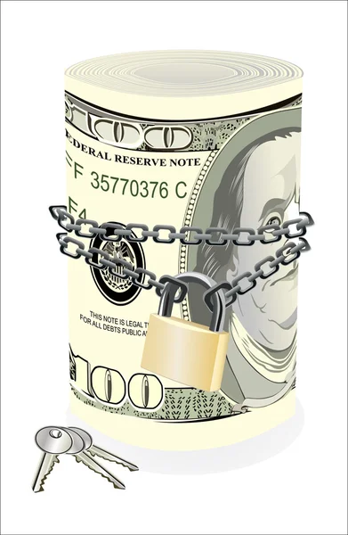 Roll of 100 dollars chained and locked isolated on white — Stock Vector