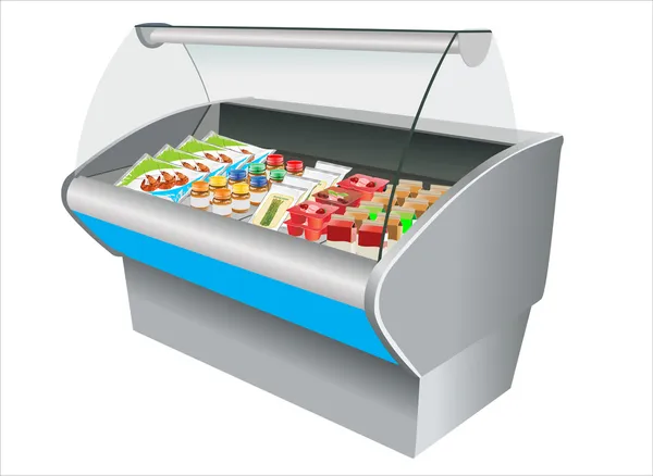 Fresco refrigerado en nevera en una tienda — Vector de stock