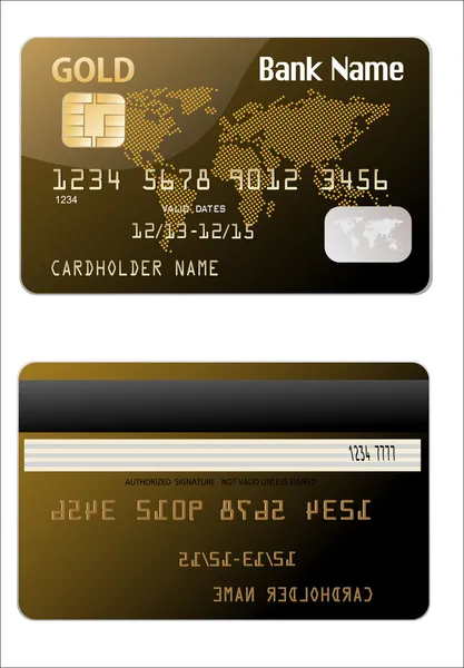 Ilustrace podrobné lesklé zlaté kreditní karty izolovaných na bílém pozadí — Stockový vektor
