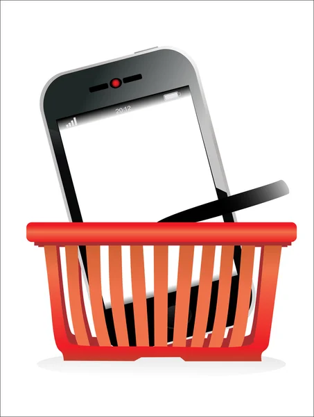 Shopping basket and smartphone on white background. — Stock Vector